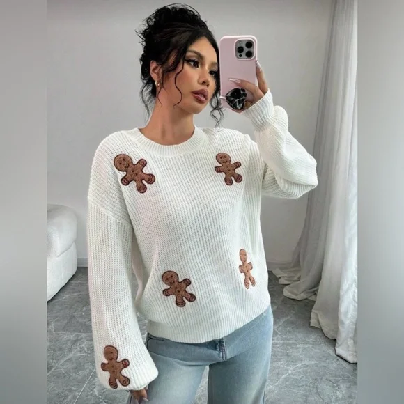 White Sweater with Gingerbread Accents - Picture 2 of 11